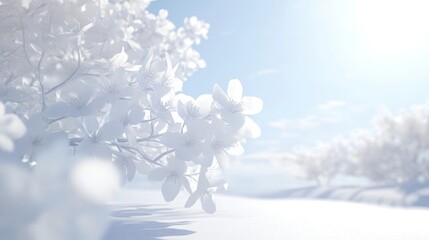 White blossoms, snowy landscape, sunny day, winter peace