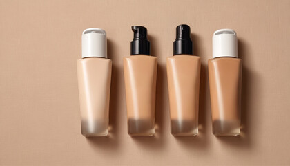 Neutral-toned cosmetic bottles with blank label areas in minimalist composition, versatile luxury template, versatile packaging concept for makeup and skincare brands