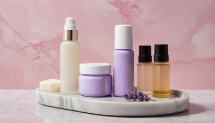 Multiple cosmetic bottles with blank text spaces arranged on pink marble table, luxury product display, luxury packaging concept ideal for high-end beauty brands and advertising