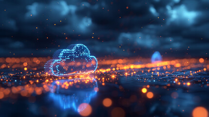 Futuristic conceptual image of cloud computing with glowing lines and digital clouds