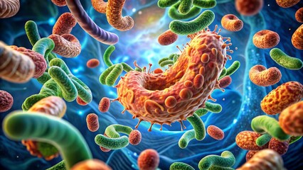 3D rendered E coli bacteria showing both beneficial and harmful strains, microbial balance concept, microbial visualization for health education and antibiotic awareness