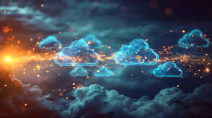 Futuristic digital cloud network in a dark atmospheric setting