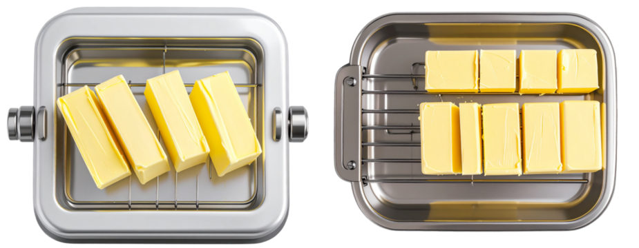 Top View 3D Illustration of Butter Slicer with Sliced Butter Block, isolated on transparent background PNG