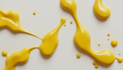 Bold yellow paint splashes on clean white surface, eye catching contrast ideal for advertising, eye catching visuals for fashion or product packaging