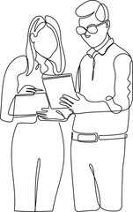 Professional business man and woman reviewing a report in a continuous line drawing. Minimalist office illustration in a black linear sketch isolated on a white background
