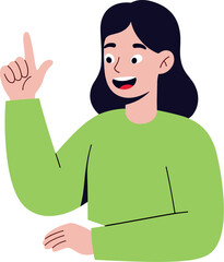 Cheerful person raising a hand with an idea in a vibrant green sweater
