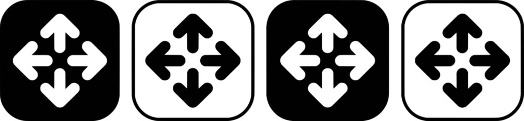 Four directional arrows set on black and white backgrounds movement navigation