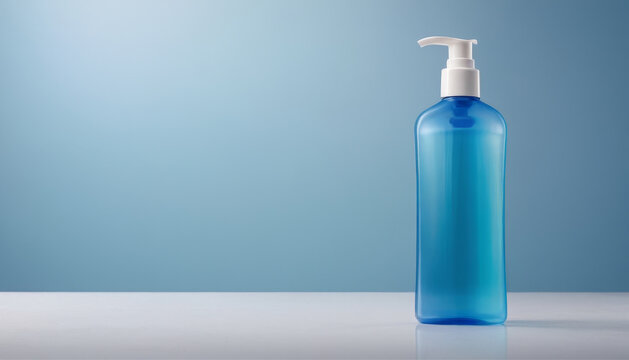 Empty light blue bottle with white pump on white table, minimalist packaging design, minimalist aesthetic perfect for skincare branding and product mockups