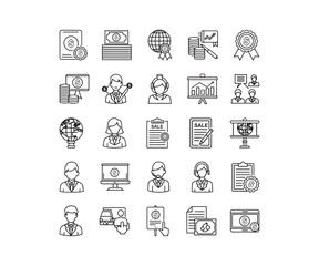 Business & Corporate Line Art Icons: Global Management & Success