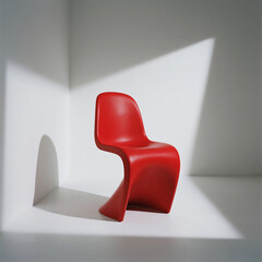 Modern Sculptural Red Chair in White Minimalist Room with Dramatic Lighting