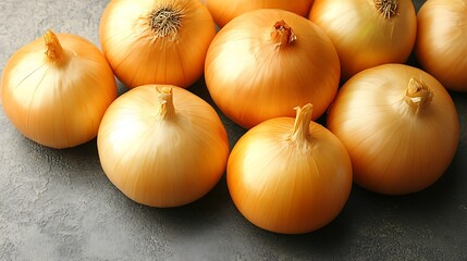 Close-up view of several fresh yellow onions.