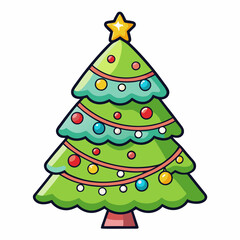 Cartoon christmas tree with ornaments and star vector illustration for holiday season design on transparent background