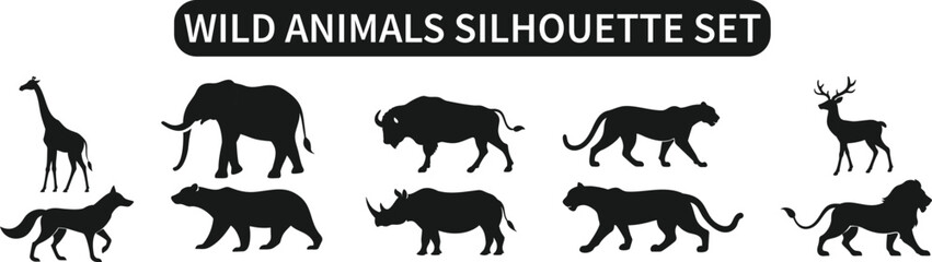Wild Animals Silhouettes Set – Black Vector Wildlife Illustrations for Jungle, Safari, and Forest Themes