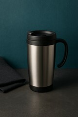 A sleek stainless steel travel mug with a black lid and handle, ready to go. A dark cloth sits on a grey surface next to the mug against a dark blue wall