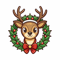 Cute christmas reindeer with wreath vector illustration holiday season cartoon animal design on transparent background