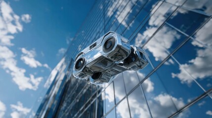 Futuristic metallic drone against a modern skyscraper
