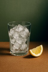 Ice cubes in a glass with a lemon wedge on a table