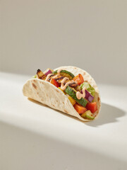 A vibrant veggie taco with grilled zucchini, peppers, onions, and a creamy drizzle, served on a soft tortilla. Perfect for a light meal.