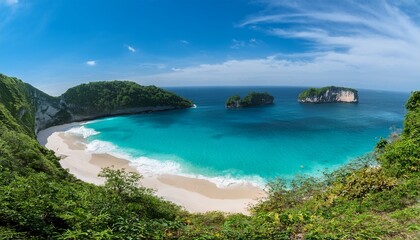 Obraz premium a breathtaking vista of turquoise waters lapping at pristine white sand framed by dramatic cliffs and lush greenery perfect for travel vacation and nature themes ocean exotic