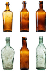 Collection of vintage glass bottles isolated on transparent background