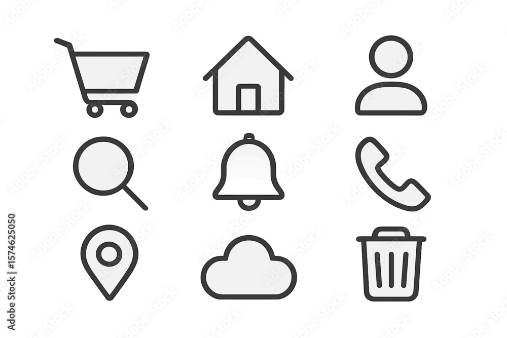 Fototapete collection of simple line icons representing common web application features and functions displayed