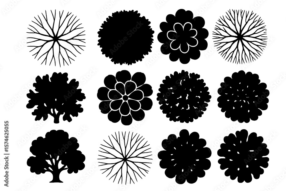 Aufkleber collection of diverse black silhouettes of trees and flowers arranged in a grid pattern suitable for