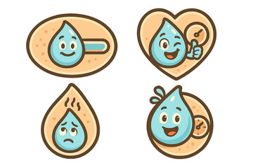 Cute water droplet characters displaying various emotions in a playful and colorful design