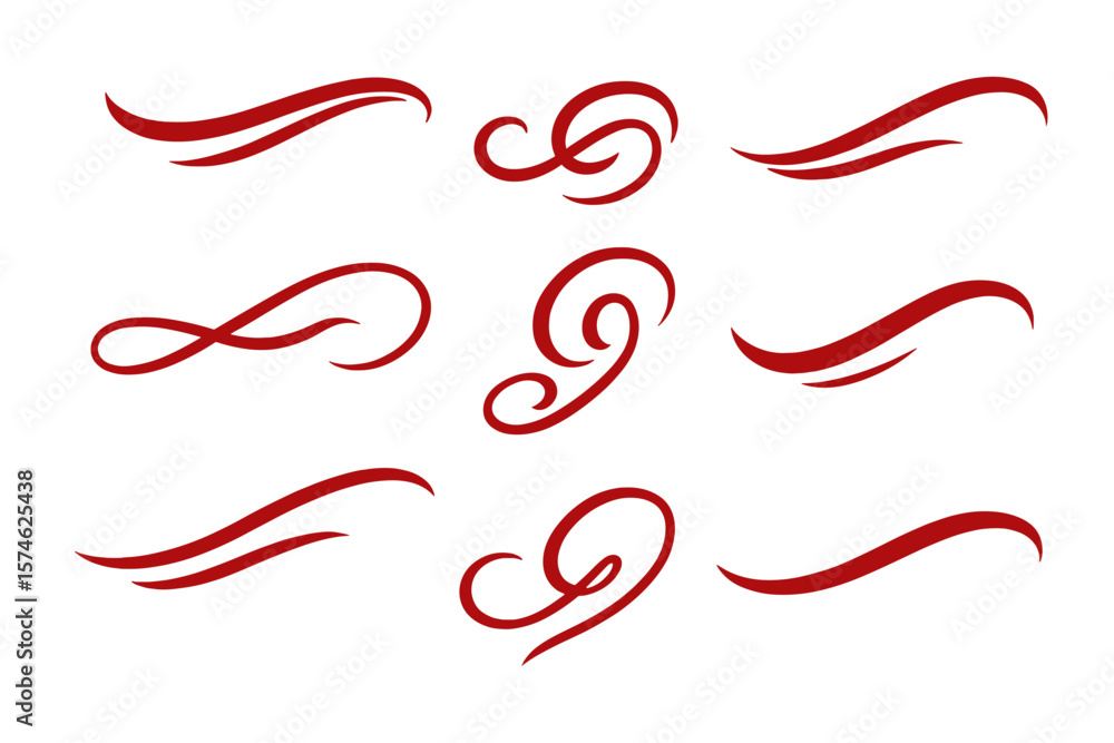 Poster decorative swirls and curls in red design for artistic embellishments and creative projects
