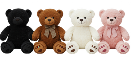 Four teddy bears of different colors sitting isolated on transparent background
