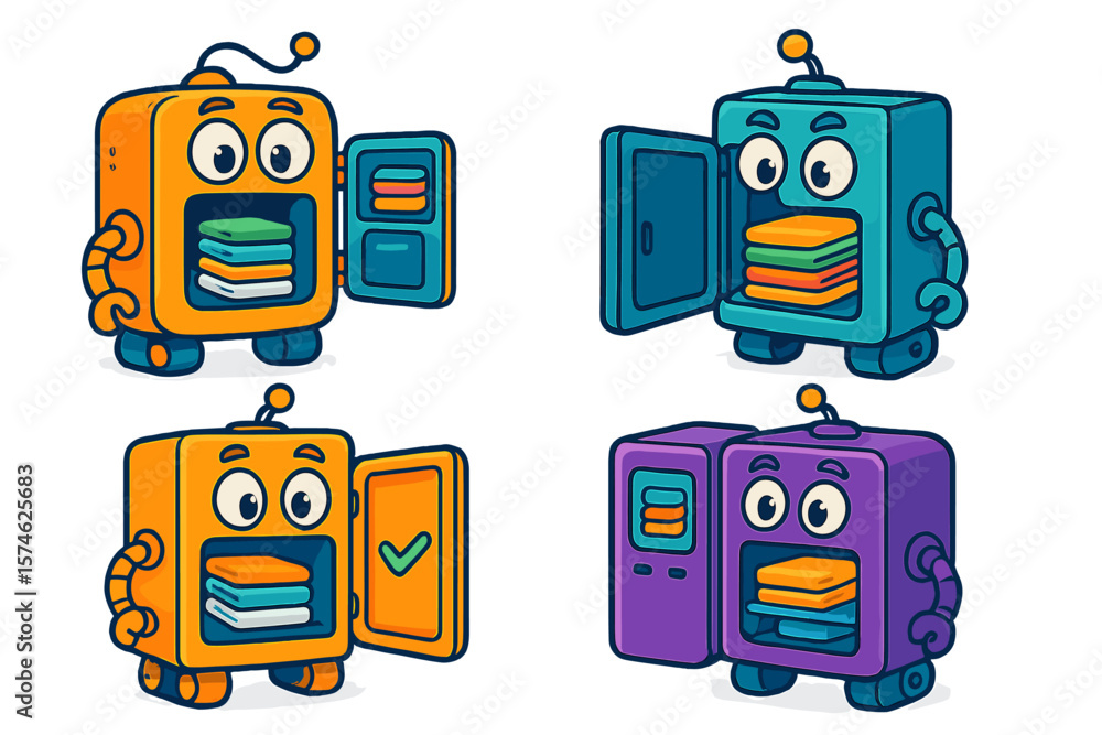 Poster colorful cartoon robots with stacked books in unique refrigerators at a playful workspace