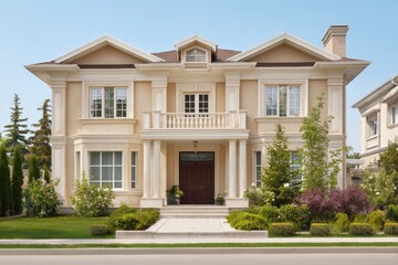 Elegant two-story home with a manicured lawn, blue sky, and a quiet, suburban feel