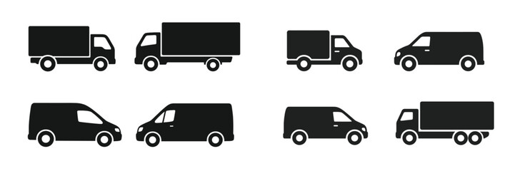Various silhouettes of delivery trucks and vans arranged in a grid pattern for transportation design