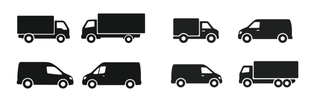 Various silhouettes of delivery trucks and vans arranged in a grid pattern for transportation design