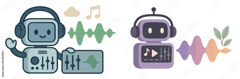 Poster creative audio robotics showcasing sound manipulation and friendly interaction in a contemporary des