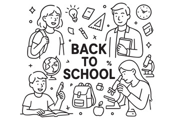 Black and white vector design features smiling students, educational tools, and books, creating a perfect scene for back to school themed projects.

