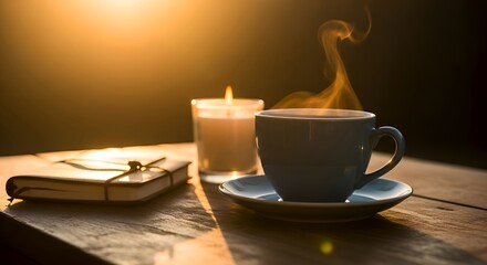 Cozy morning scene with a steaming coffee cup, notebook, and lit candle casting a warm glow on a wooden surface