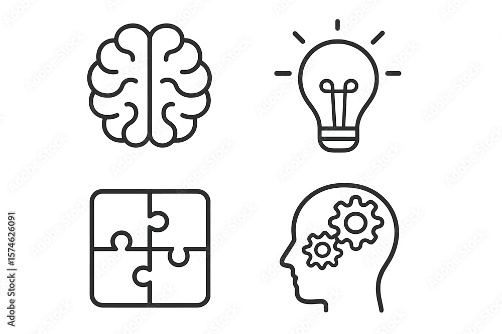 Poster brainstorming ideas with creativity and problem-solving symbols in a minimalist design