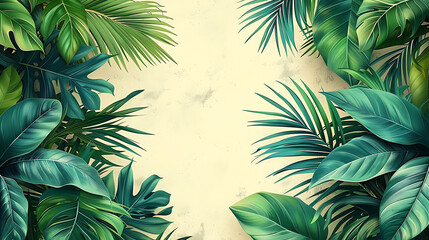Naklejka premium Lush tropical leaves border framing a blank light background vector