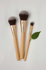 Three natural makeup brushes with wooden handles and soft bristles neatly arranged on a white towel, complemented by a small green leaf for a fresh, minimalistic composition.