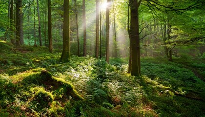 Obraz premium mysterious forest with lush green foliage and soft light rays