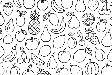 Vector pattern shows assorted fruits and vegetables in black and white, outlined in black to highlight fresh, nutritious healthy food elements.

