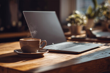 A laptop is open on a wooden table with a coffee cup on a saucer