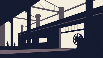 Obraz premium Silhouetted Figures in Industrial Warehouse with Steam and Machinery