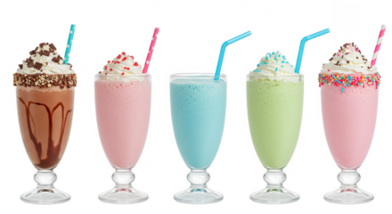 Assorted colorful milkshakes with toppings isolated on transparent background
