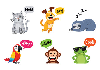 Cute Cartoon Animals: Illustrations of Cat, Dog, Sloth, Parrot, Monkey, Frog with Speech Bubbles