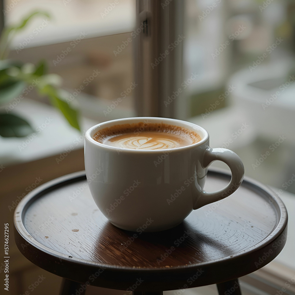 Fototapete side view of a cup of coffee on a small round table, presented in a horizontal layout.