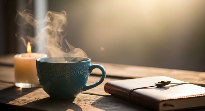 Serene morning scene with steaming coffee, lit candle, and journal on wooden surface creates warm ambiance.