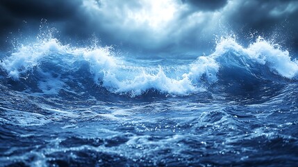 Powerful ocean waves crashing against the dark sky.