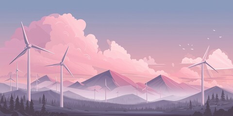 Vector-style flat illustration of wind turbines in mountains with pink gradient sky, pastel clouds, and cartoon-like fantasy landscape, combining simplicity with detailed digital artistry