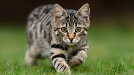 Naklejka premium in vibrant green meadow playful tabby cat leaps joyfully as butterflies dance around it